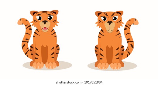 two sitting tigers with different emotions. isolate on a white background. The symbol of 2022