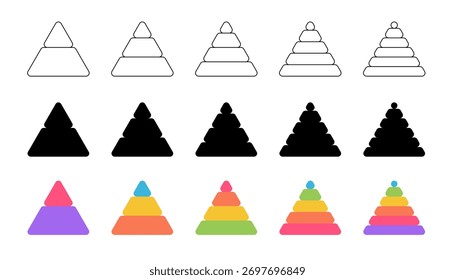 Conjunto de iconos de pirámide de dos a seis niveles. Segmentos de datos de jerarquía triangular para infografías