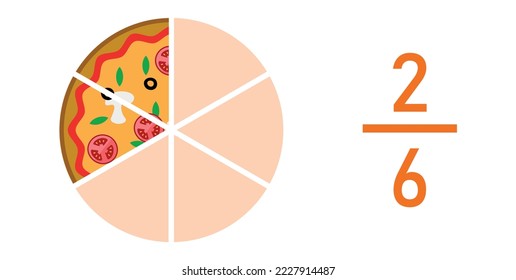 Two sixths pizza fractions. Fraction for kids. Pizza slices. Fraction fun with pizza. vector illustration isolated on white background.