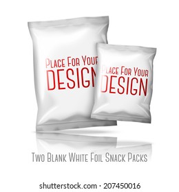 Two sizes of blank white realistic foil snack packs isolated on white background with reflection and place for your design and branding. Vector illustration