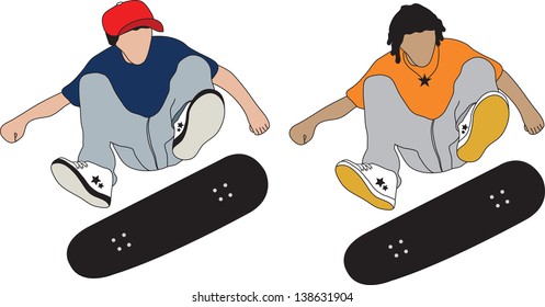 two skateboarder boy doing kickflip illustration