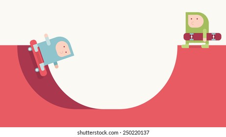 Two skateboarders on a ramp, simple vector illustration, flat style