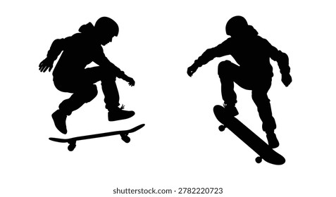 two skateboarders performing tricks in motion dynamic black silhouette