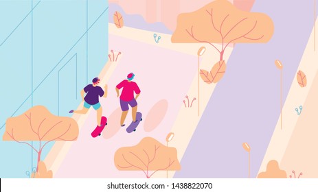 Two Skateboarders Walking on City Street Cartoon. Flat Vector Guys Riding Skateboards among Skyscrapers. Sport and Healthy Lifestyle. Active Recreation. Vector Downtown with Vegetation Illustration