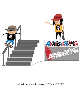 two skaters jumping and railing down the stairs with some graffiti on the wall