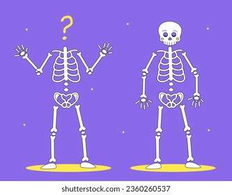 Two skeletons concept. Symbol of Halloween and creepy holiday of fear. Fictional character with skull and without head. Cartoon flat vector illustration isolated on violet background