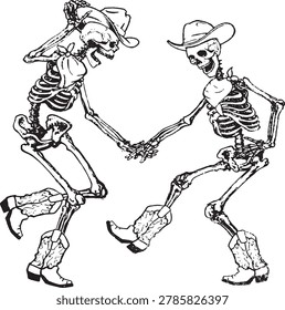 Two skeletons dancing in cowboy boots and hats