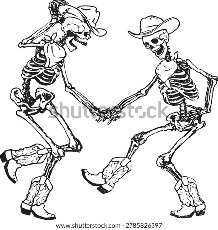 Two skeletons dancing in cowboy boots and hats