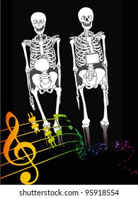 Two skeletons in an ironic representation of the Dance Macabre