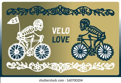 Two skeletons on bicycles rush to meet each other