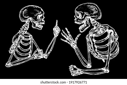 Two skeletons shouting at each other for Halloween concept. Hand drawn vector illustration.