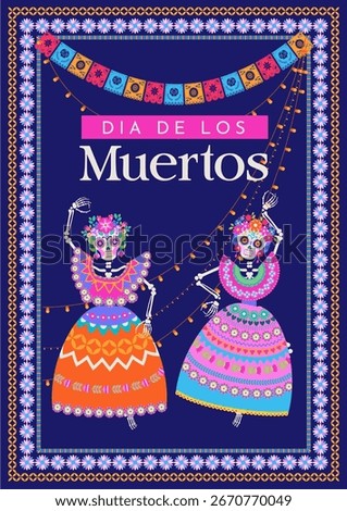 Two skeletons in traditional dresses dancing with papel picado garlands in Mexican folk style vector illustration for Day of the Dead holiday.