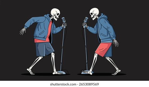 Dois esqueletos vestindo capuzes e shorts realizando um dueto no palco com microfones