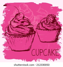 Two sketch style cupcakes on bright pink background
