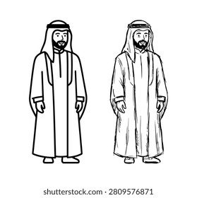 Two sketches of an arab man wearing traditional clothing and headwear