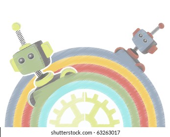 Two Sketchy Robots Popping Up from Rainbow with gear