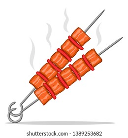 Two skewers with fried kebab on a white.