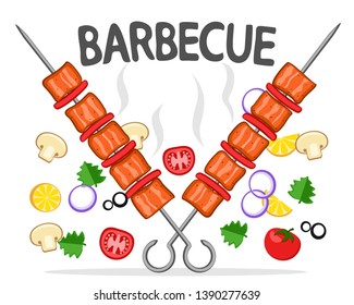 Two skewers with grilled kebab and vegetables on a white. Barbecue