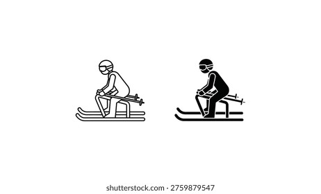 Two skiers demonstrating different seated skiing techniques on snow