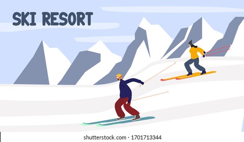 
Two skiers in the mountains, vector illustration