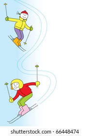 Two skiers on the slopes, place for text,