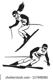 Two skiers on track - vector illustation