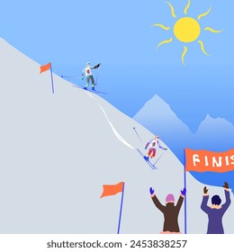 Two skiers race to the finish line from the mountain, where they are met by fans. Vector illustration is a winter sport related to skiing, freestyle slalom. The finish table attracts athletes for