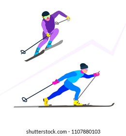 Two skiing sportsmans character in motion. Sporty guy riding on skis. Vector concept in cartoon style. Winter sport game set