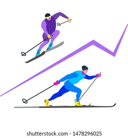 Two skiing sportsmans doodle character in motion. Sporty guy riding on skis. Vector concept in cartoon style. Winter sport game set can be used for poster, banner, background, emblem, logo, icon