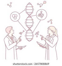 Two skilled researchers are thoroughly analyzing DNA and complex molecular structures in a modern lab setting