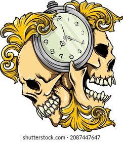 Two Skull   clock and baroque style decorations illustration
