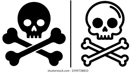 Two skull and crossbones icons vector, one solid black and one outlined, separated by a vertical line.