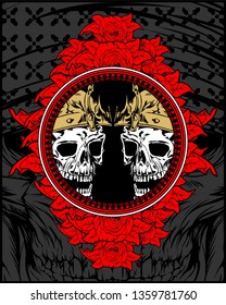 two skull king with crown and and rose decorations.vector hand draw .Shirt designs, biker, gentleman, barber and many others.isolated and easy to edit. Vector Illustration - Vector