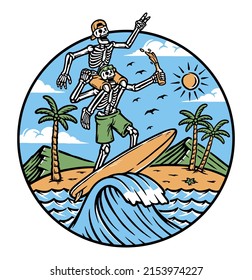 Two skull surfers on the beach