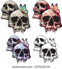 Two skulls with a butterfly perched on the forehead, suitable for stickers and t-shirt designs