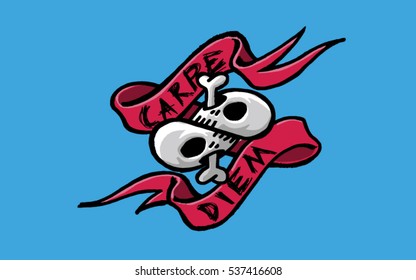 Two skulls crossed with a bone and with motto Carpe diem written on the red ribbon - colored line drawing