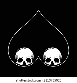 two skulls hiding in the heart upside down black and white hand drawing premium vector