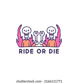 Two skulls on fire holding wrench, illustration for t-shirt, sticker, or apparel merchandise. With doodle, retro, and cartoon style.