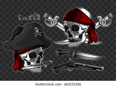 Two skulls of pirates, a knife and a gun
