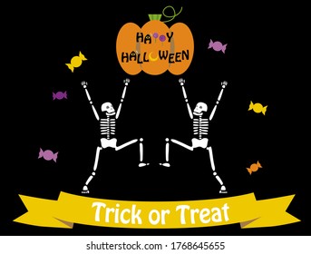 Two skulls, pumpkins, candy and ribbons enjoying Halloween.