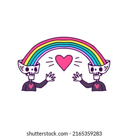 Two skulls with rainbow showing love symbol, illustration for t-shirt, sticker, or apparel merchandise. With doodle, retro, and cartoon style.