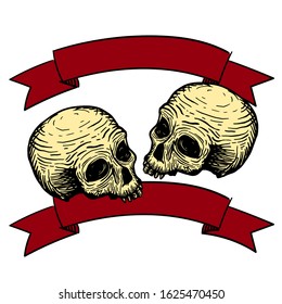 two skulls with ribbon for text. Vector hand drawing illustration.
