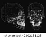 Two skulls are shown side by side, one with a mouth open and the other with a mouth closed. The skulls are in black and white, and the image has a somewhat eerie or ominous mood
