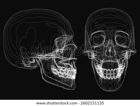 Two skulls are shown side by side, one with a mouth open and the other with a mouth closed. The skulls are in black and white, and the image has a somewhat eerie or ominous mood