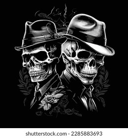 two skulls with vintage style on dark background 