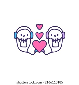 Two skulls wearing headphone and listening to heart, illustration for t-shirt, sticker, or apparel merchandise. With doodle, retro, and cartoon style.