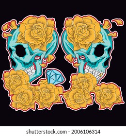 two skulls with yellow roses and background