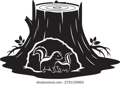 Two skunks in a tree stump den with leaves and roots animal wildlife nature des