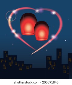 Two sky lanterns against the dark sky and the city at night