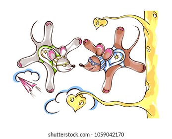 Two skydiver jump. Mice parachutist in sky in free style